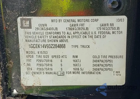 2003 Chevrolet Silverado K1500 z USA, uszkodzony, nr VIN 1GCEK14V93Z284868